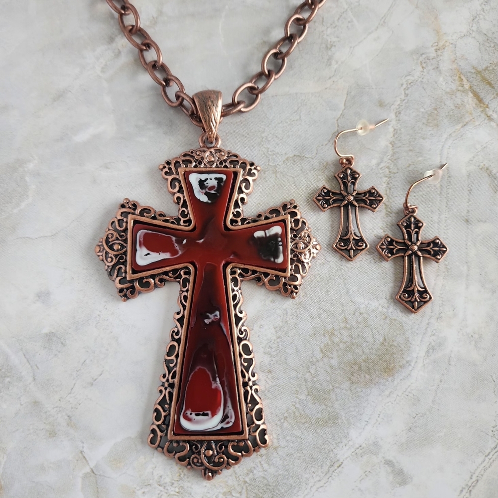 Large Victorian Vintage Style Antique Copper Cross Pendant Necklace Earring Set